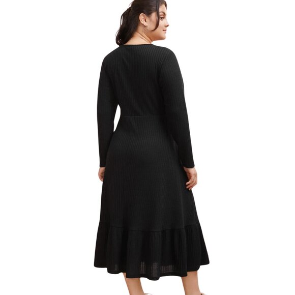 BLOOMMCHIC Black Ribbed Knit Fit & Flare Ruffled Midi Sweater Dress 14-16 NWT - Picture 2 of 13